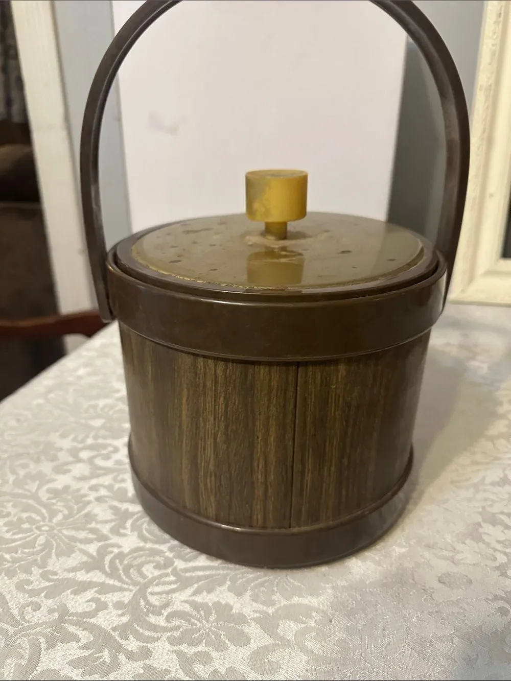 Brown Faux-Wood Ice Bucket with Handle and Yellow Knob